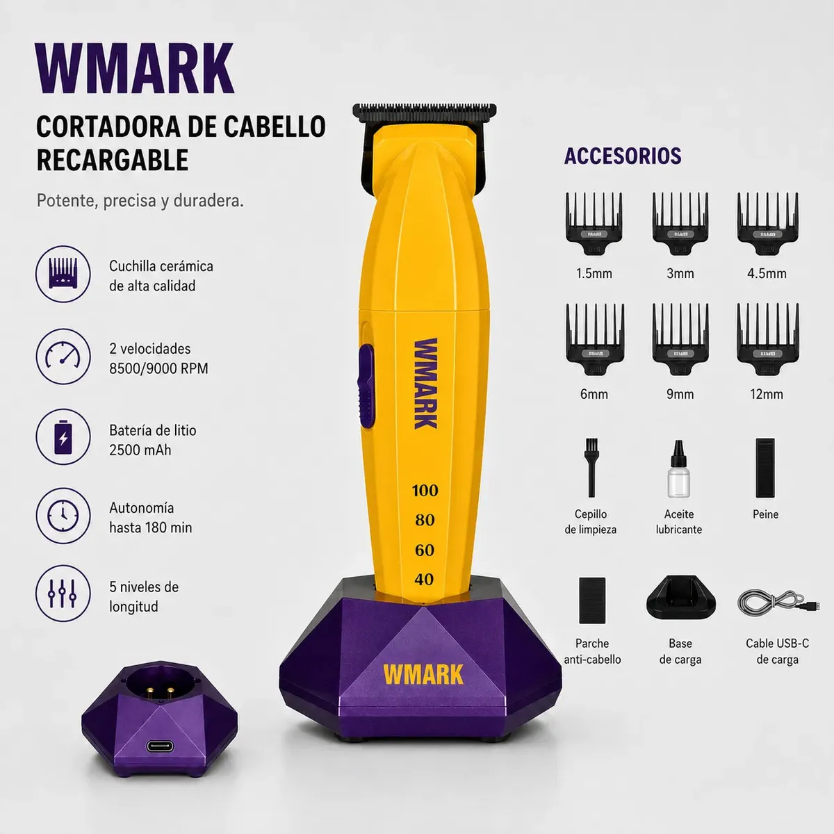 Combo Wmark NG-8636 Clipper y Trimmer Inalambrico - Imagen 5